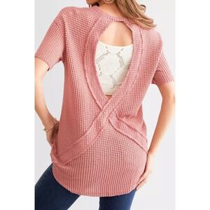 BKE Withered Pink Waffle‎ Knit Short Sleeve Open Back Shirt Top Womens Size S